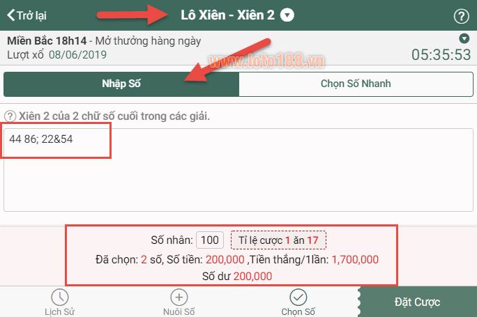 Cách nhập liệu chơi Xiên 2 trên Loto188 Cách nhập liệu chơi Xiên 2 trên Loto188
